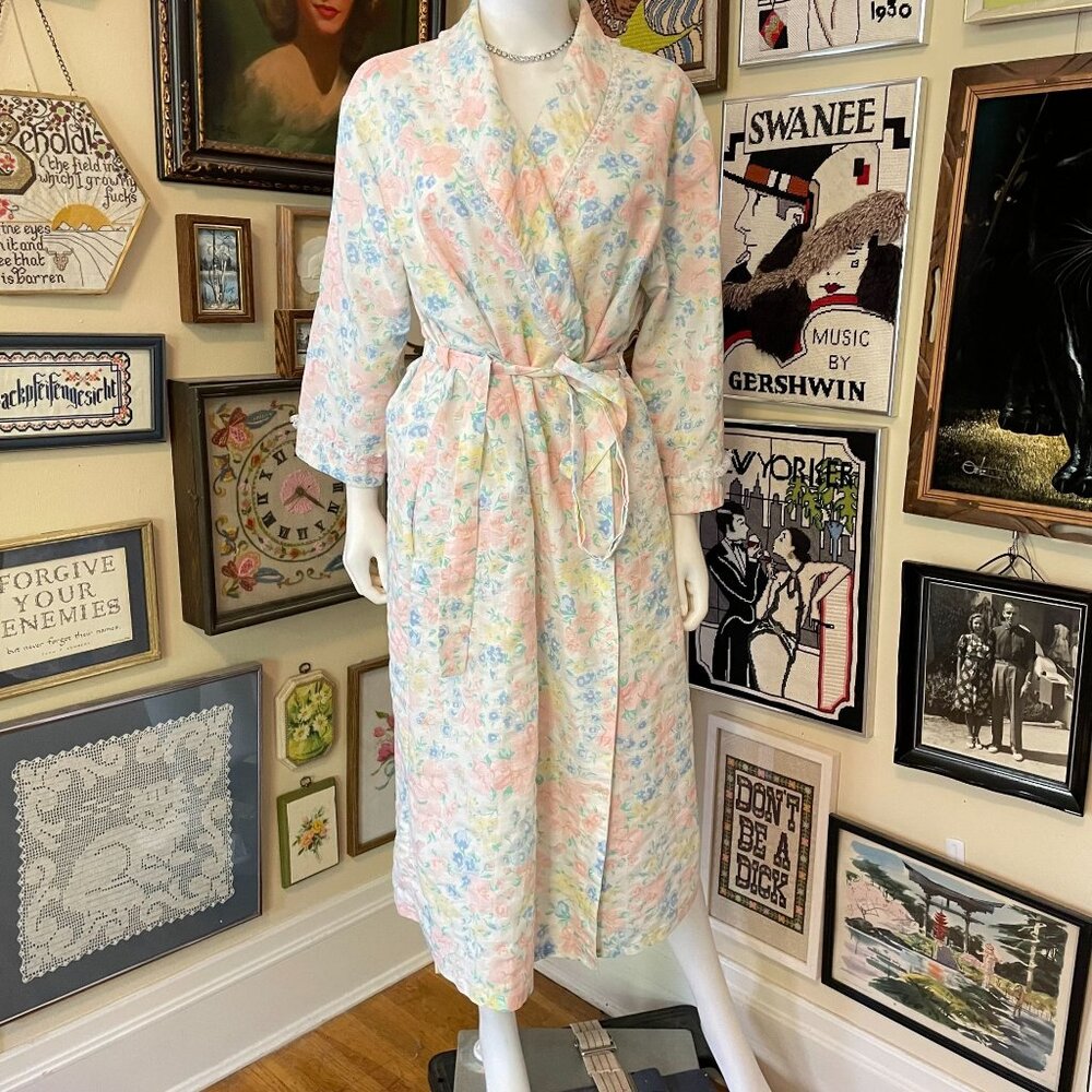 80s Vintage Apostrophe Silky Floral Pastel Robe With Belt Size XL